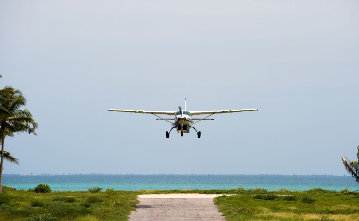 A plane comes into land on the Vamizi Island airstrip.